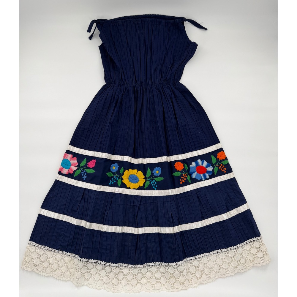 Vintage Mexican Folk Floral Embroidered Strapless Midi Dress Navy Blue Lace Hem